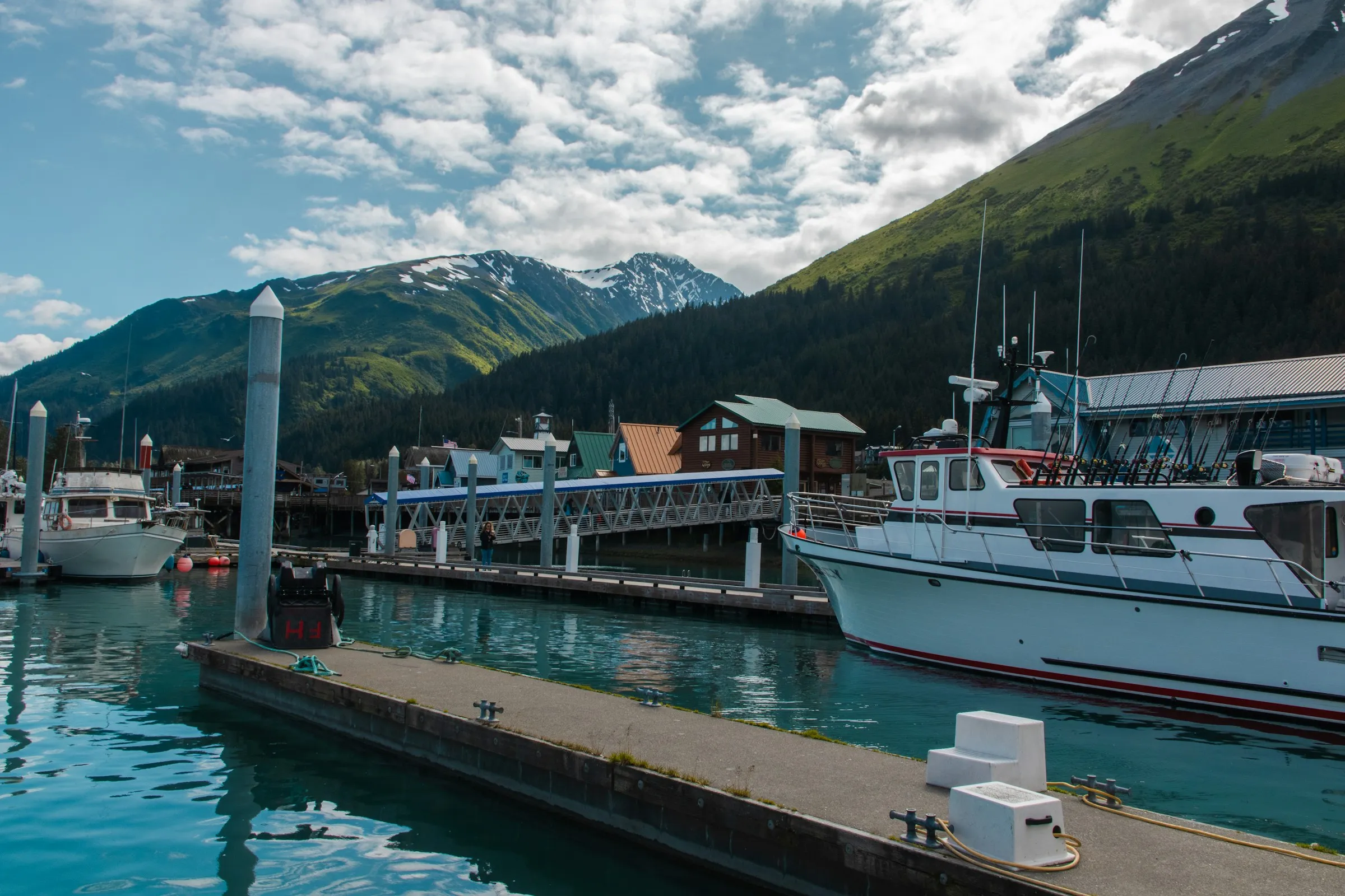 Charter boats tied up at a Southeast Alaska harbor with mountains behind