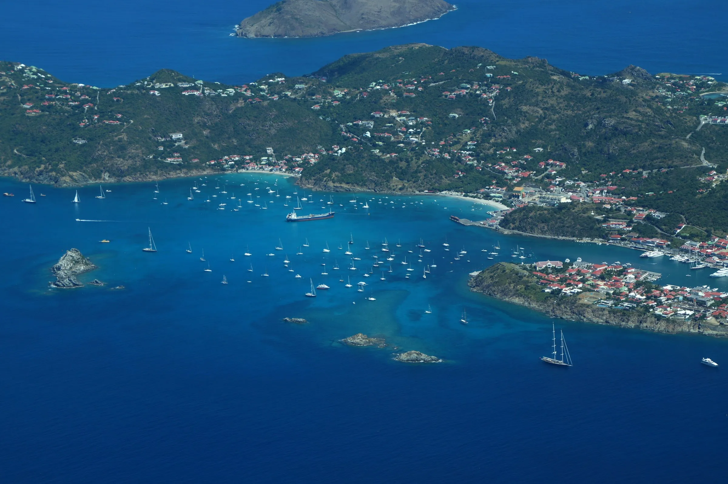 Aerial view of a Caribbean harbor full of sailboats