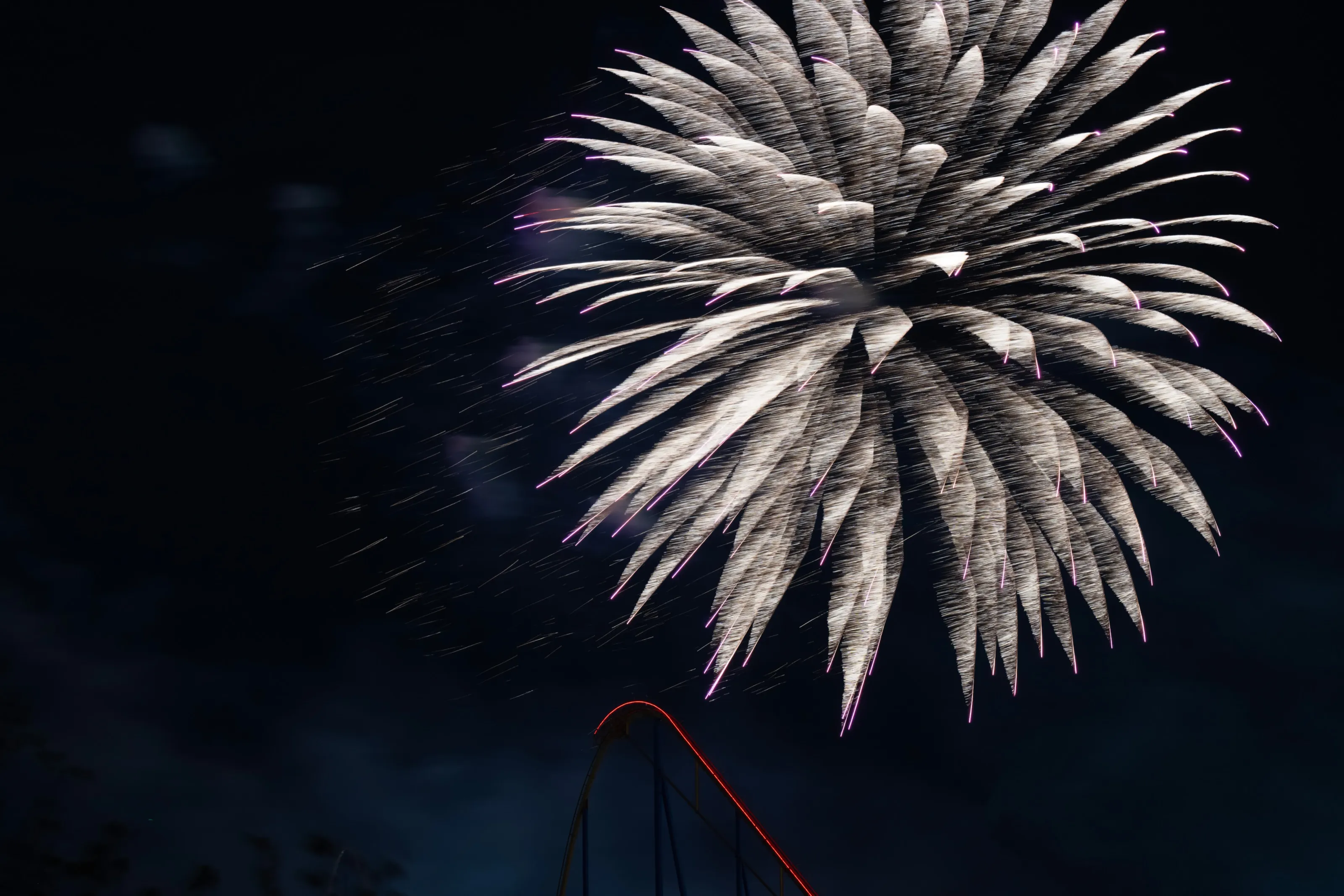 Fireworks bursting over a theme park roller coaster at night