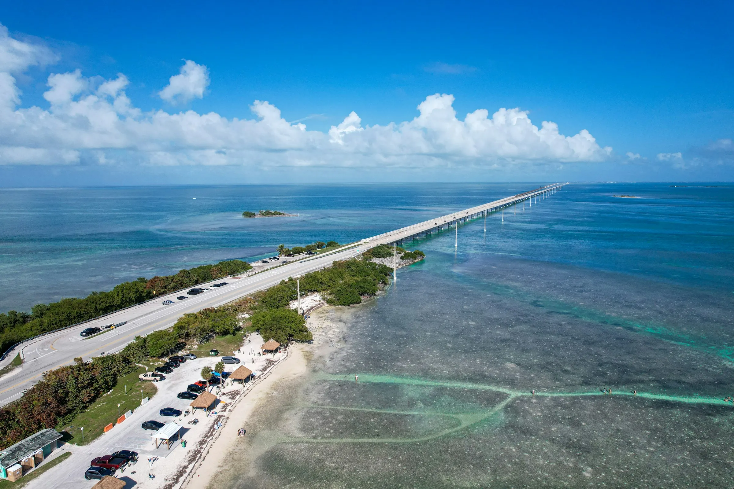 Aerial view of the Overseas Highway bridge over turquoise Florida Keys water