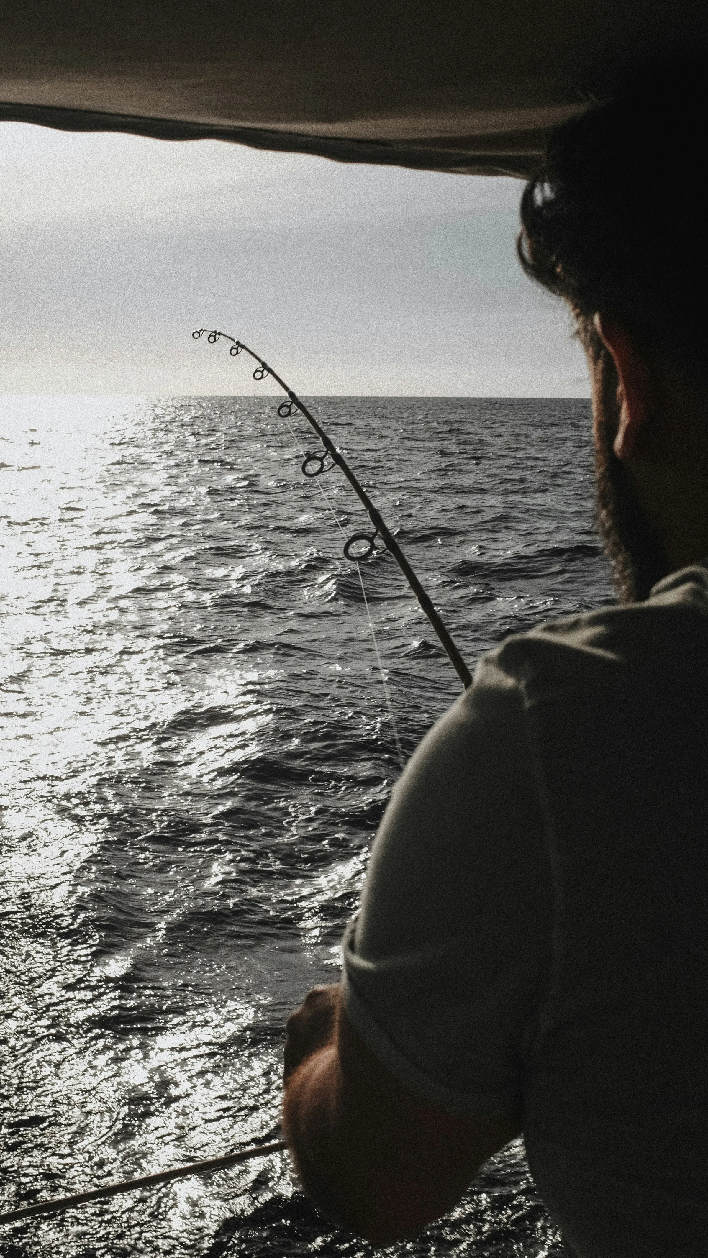 A fishing rod bent against sparkling water