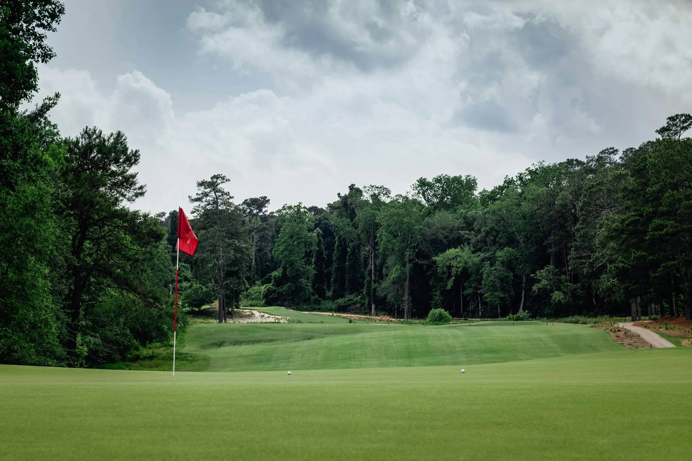 A red flag on a green framed by tall pines