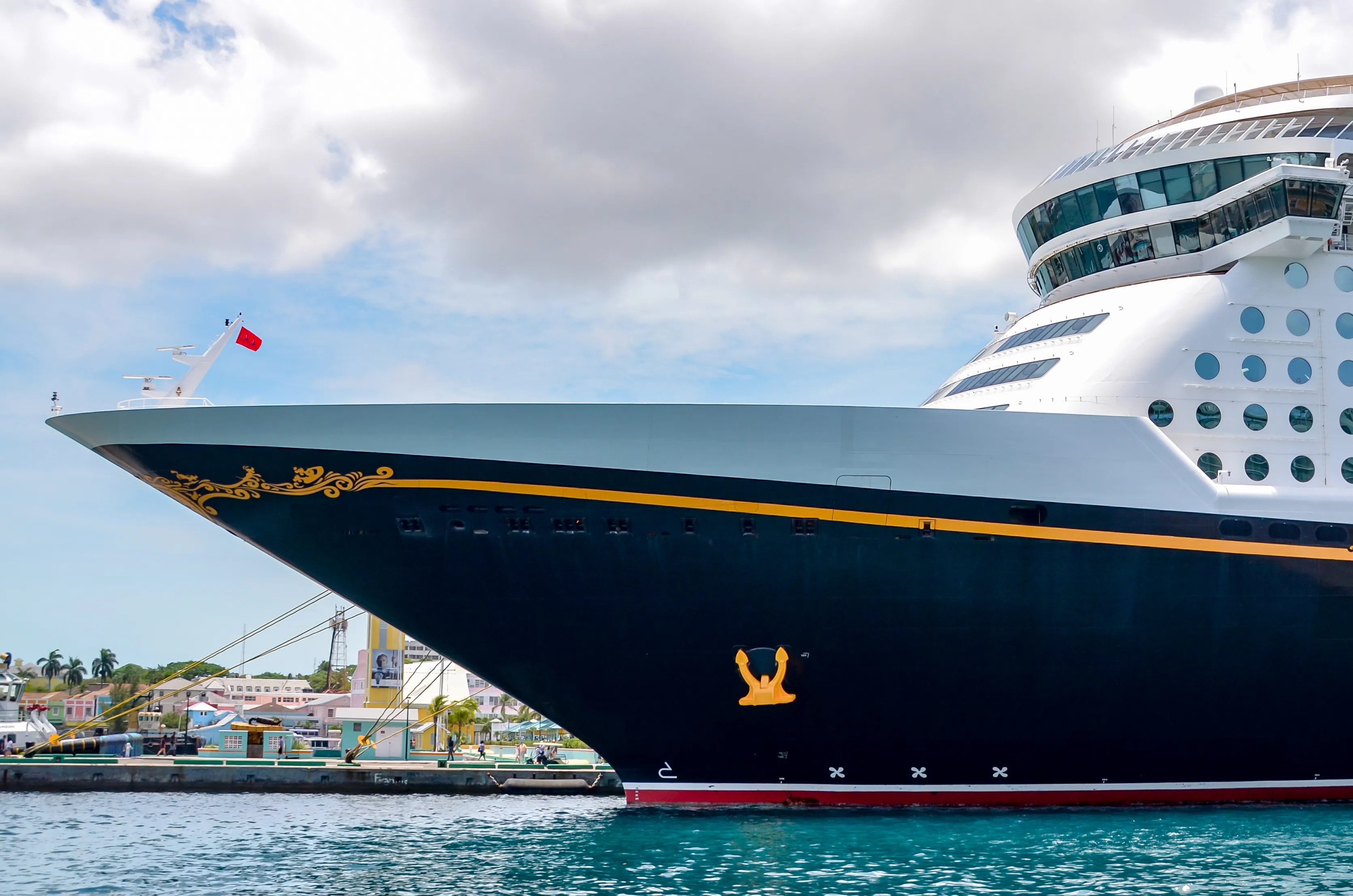 The bow of a Disney Cruise Line ship docked in Nassau