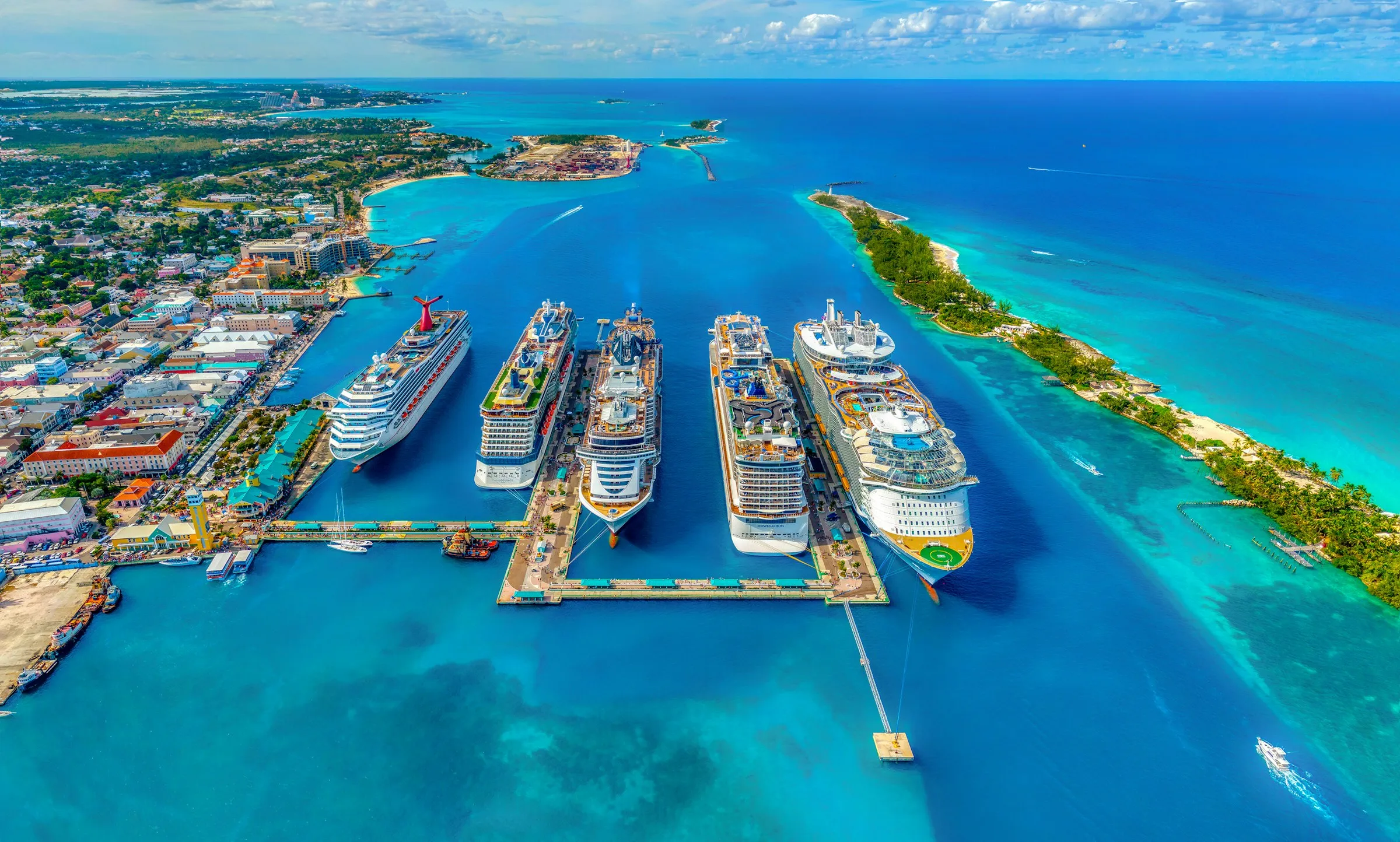 Aerial view of cruise ships docked in Nassau harbor