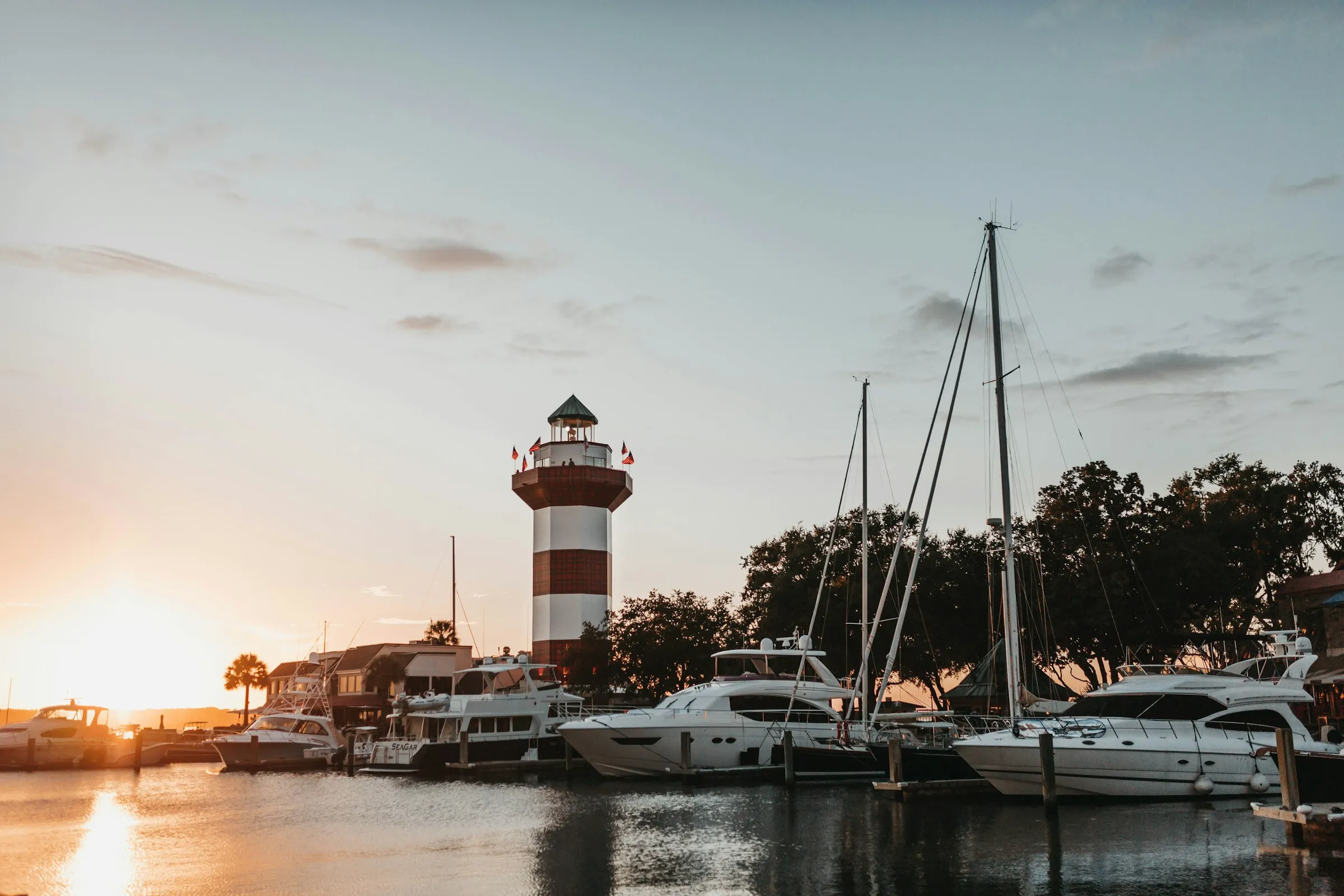 Harbour Town lighthouse and marina at sunset, Hilton Head Island