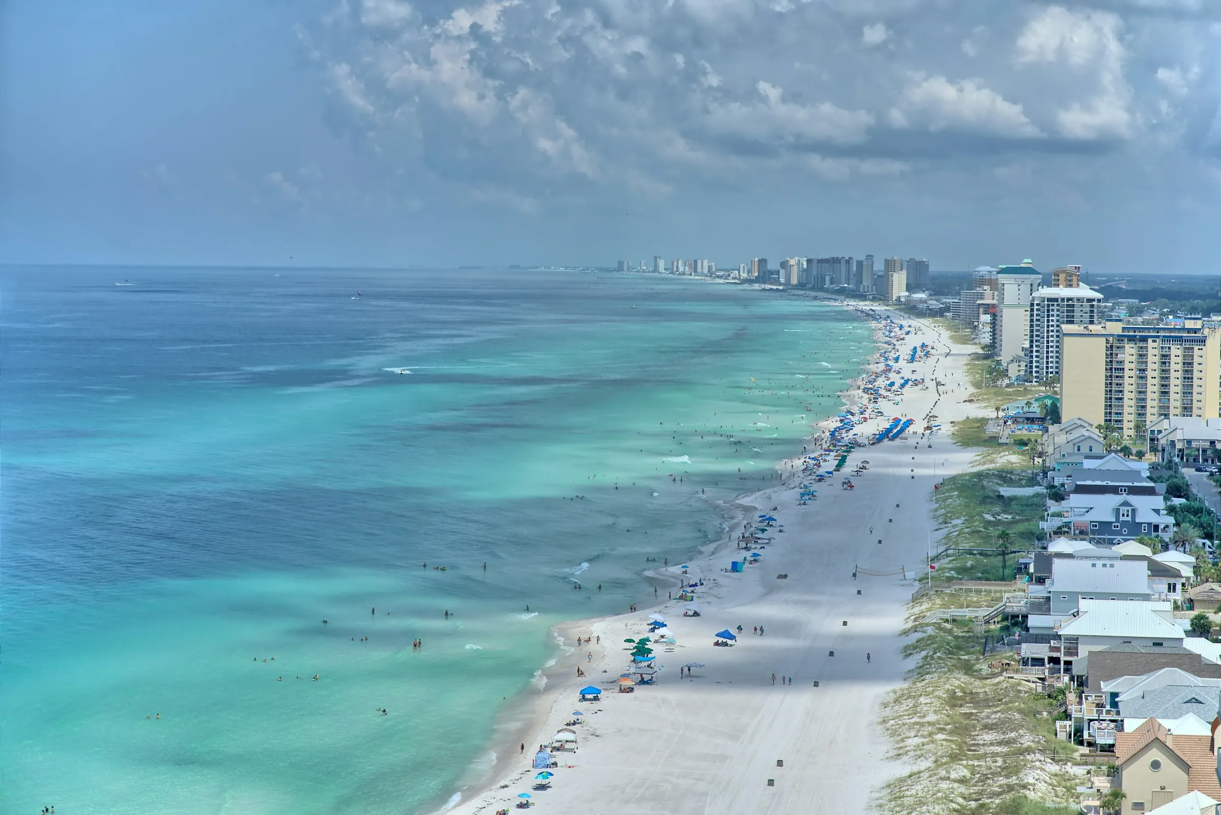 Aerial view of Panama City Beach and emerald water
