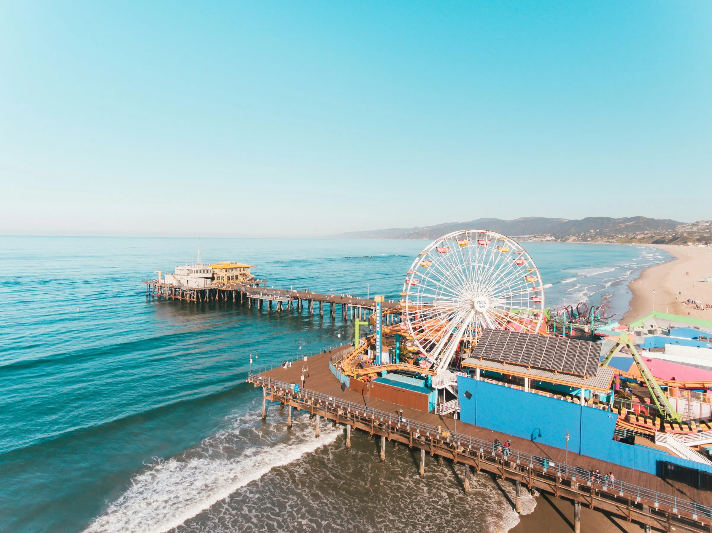 Aerial view of the Santa Monica Pier and Ferris wheel