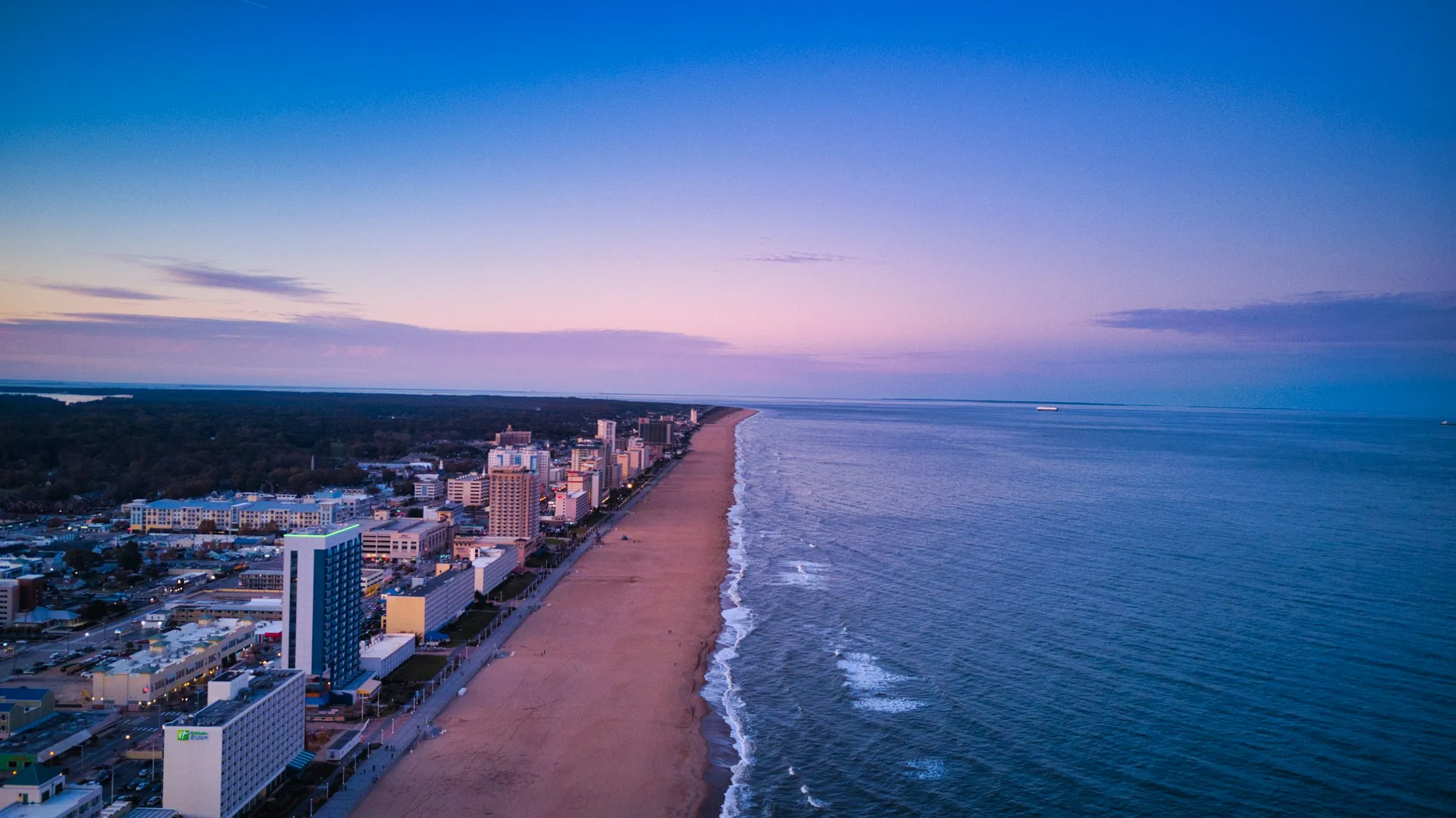 Virginia Beach oceanfront at dusk from above